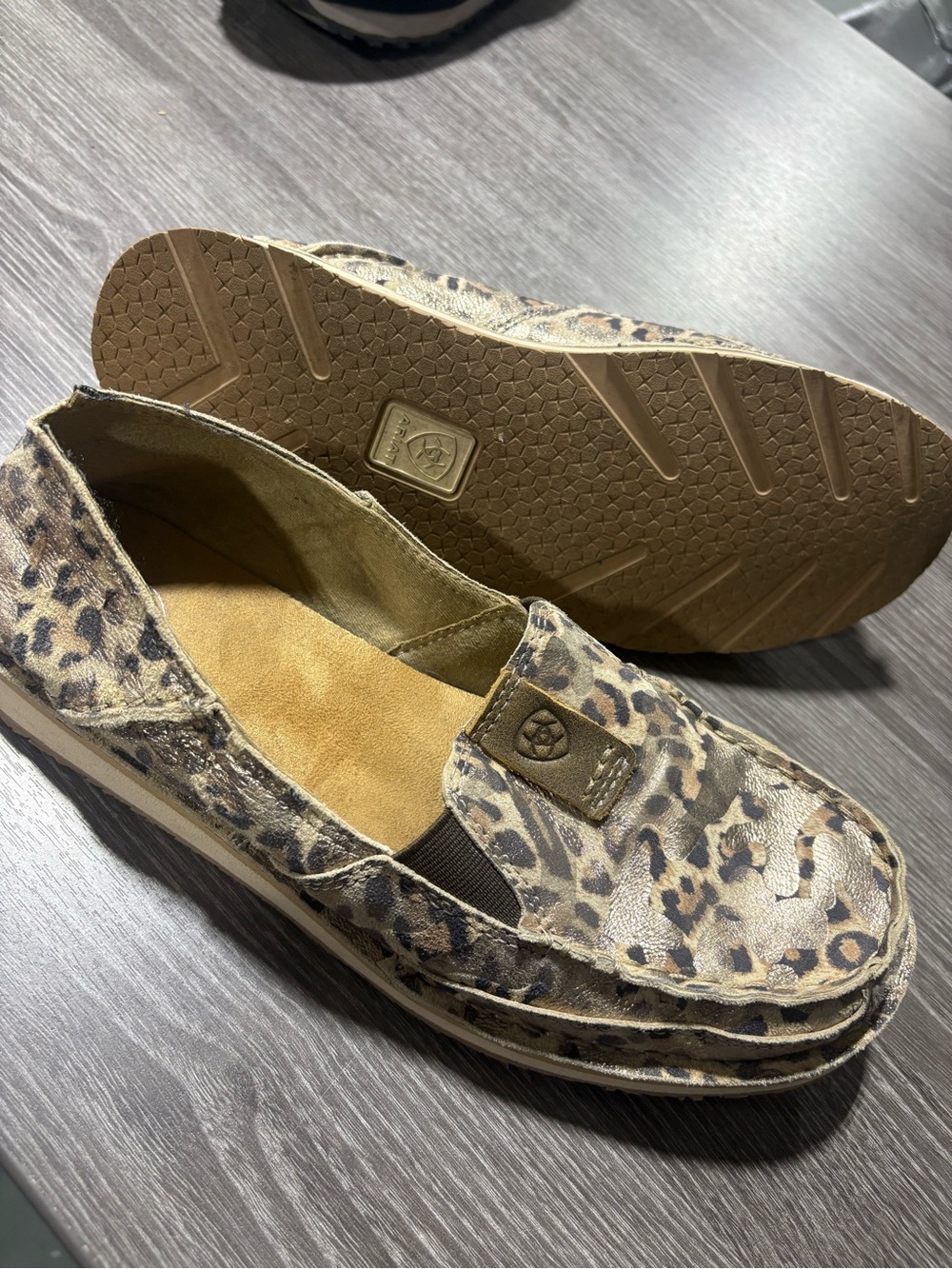 Ariat Leopard Print Metallic Slip-On Loafers in Tan and Black 9M